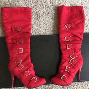 Michael Antonio Red Knee High Suede Boots